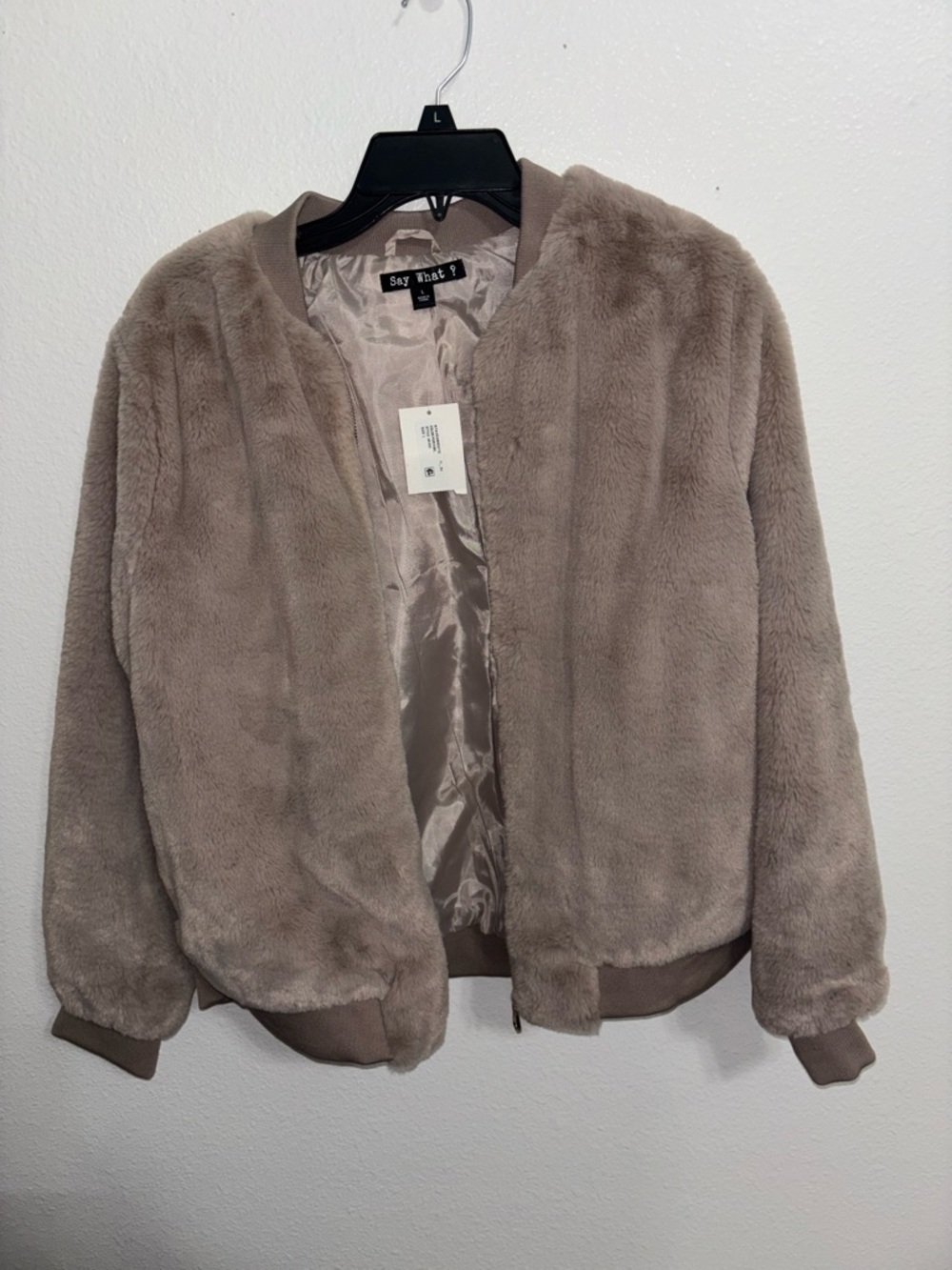Say What? Taupe Plush Faux-Fur Bomber Jacket